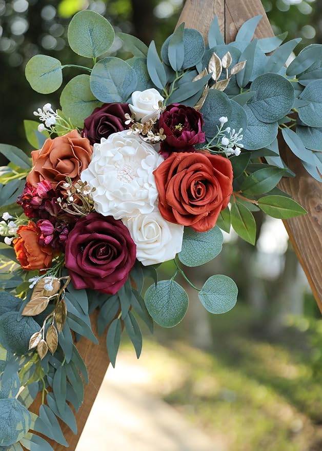 Artificial Burnt Orange Wedding Arch Flowers Swags (Set of 2) for Welcome Signs Floral and Wedding Church Decoration Ceremony, Anniversary, etc, Burgundy Roses Flowers