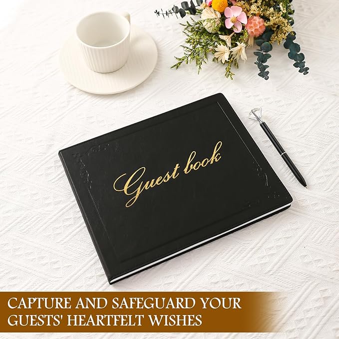 8x10 Leather Guest Book and Standup Sign Set, Gold Foiled Cover Registry Book for Wedding Reception, Retirement Party, Vacation Homes and Events, 120 Pages (Black)