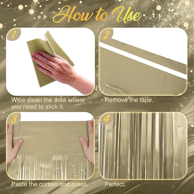 4 Pack Metallic Champagne Gold Fringe Backdrop, 3.2x8.2ft Shining Foil Tinsel Curtains, Birthday Party Decorations Door Streamers for Halloween, Christmas, Wedding, Graduation, Holiday, Theme Events
