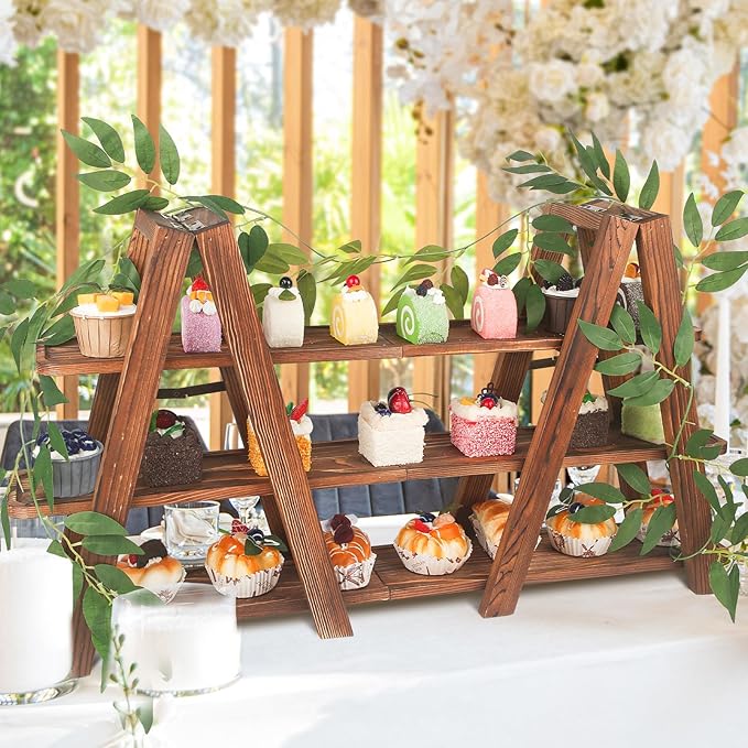 Wooden 3-Tier Cupcake Stand with Removable Trays & Vine Decoration – Foldable Party Display Serving Ladder with Platter for Cake, Snacks, Fruits, Chips, Bread