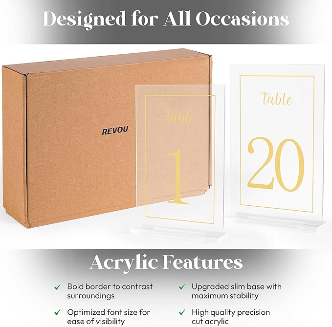 Acrylic Table Numbers 1-20 with Stand, Printed Gold Font on 4x6 inch Acrylic, Clear Table Number Signs and Holders, Centerpiece for Events, Weddings, Reception, Party, Anniversary, and Decoration