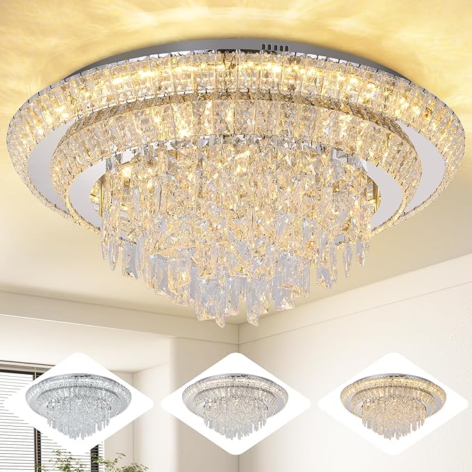 24 inch Crystal Silver Ceiling-Light Flush Mount with Remote Control and APP, 3CCT Dimmable & Brightness Adjustable, Modern Crystal Raindrop Chandeliers for Bedroom Hallway Dinning Room Living Room
