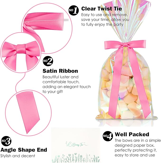 50 PCs Hot Pink Bow Decor 5.5'' Satin Bows with Long Tail, Twist Tie Bows for Craft, Packaging Ribbon Bows, Premade Bows for Cake Decorating, Gift Bows for Treat, Wedding Favor, Party