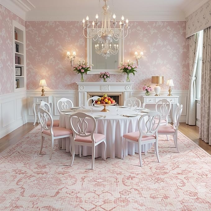 Pink Extra Large Area Rug 10x14 for Living Room, Distressed Washable Rug for Dining Room Bedroom, Anti-Slip Low-Pile and Soft Accent Rug Farmhouse Office Home Decor