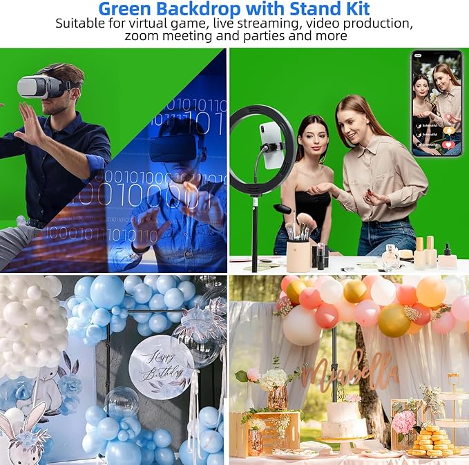 HEMMOTOP 7x5 ft Green Screen Stand Kit, 6.5x5 ft Green Screen Backdrop with Stand for Streaming, Gaming, Zoom, Portable Greenscreen Background Kit with Clips & Carrying Case