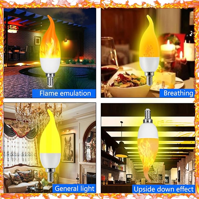 E12 LED Flickering Candelabra Flame Effect Light Bulbs - Upgrade Flicker Candelabra Torch Fire Effect Lights Bulbs for Outdoor Halloween Xmas Holiday Decorations Indoor Lamp (6 Pack)