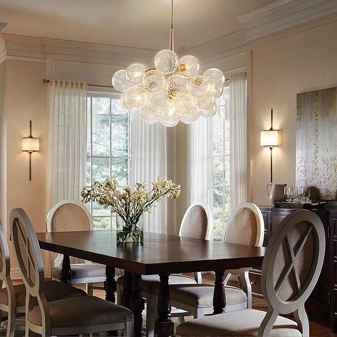 Mid-Century Bubble Globe Chandelier, White and Gold 6 Lights Dia 24" Swirled Glass Chandeliers for Bedroom, Study, Kitchen Island, Dining Room