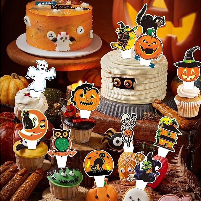 24 PCS Vintage Halloween Cupcake Toppers Halloween Happy Birthday Party Decorations Cake Decor Cupcake Decorations Cake Decorating Party Supplies Decor for Baby Shower Boys Girls