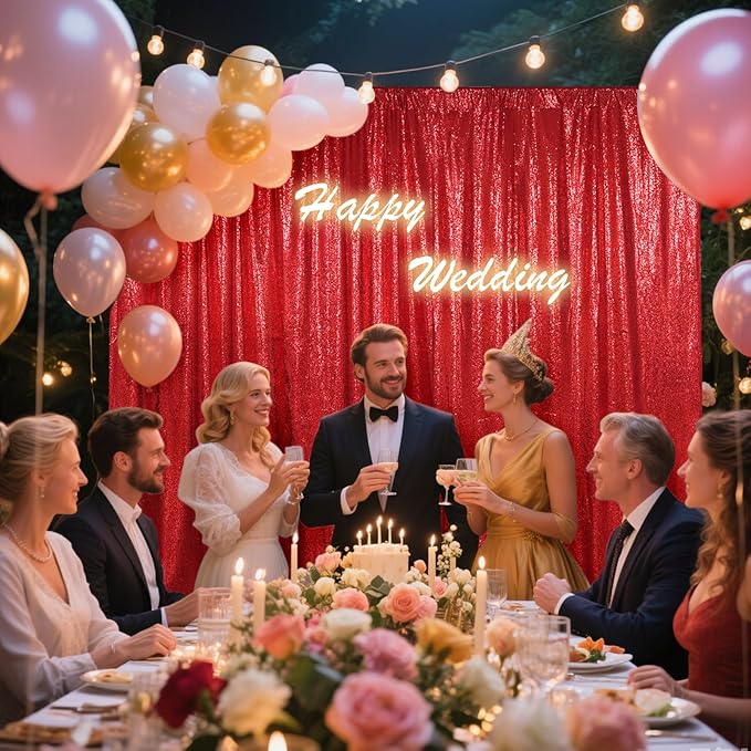 SquarePie Sequin Backdrop Curtain Not See Through Thick Glitter Background for Party 8FT x 10FT Red