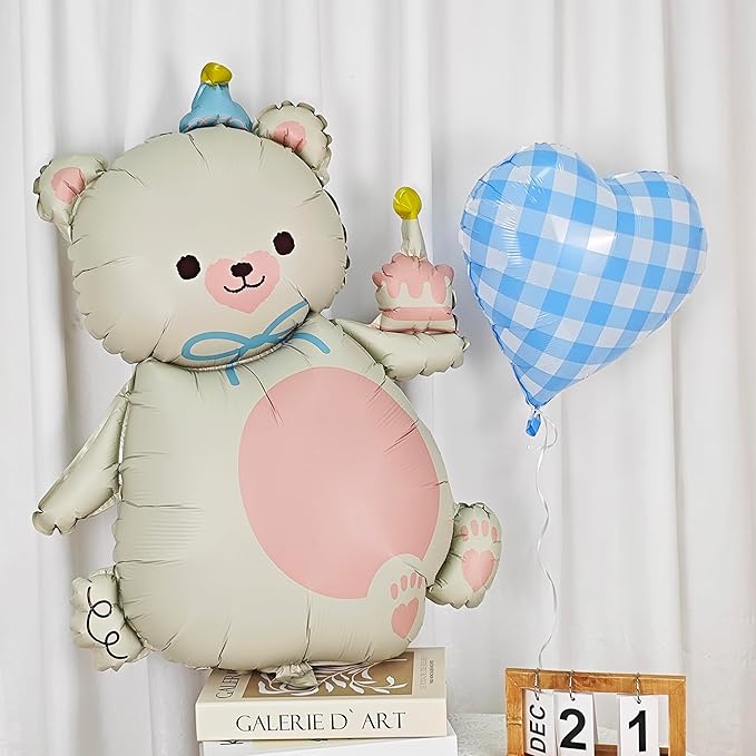 2PCS Matte bear Animal balloon With hat Big Brown bear balloon Holding birthday candle cake bear Foil Balloon for Kids Jungle Safari Zoo Farm Birthday Theme Party Baby Shower Decoration Cream white