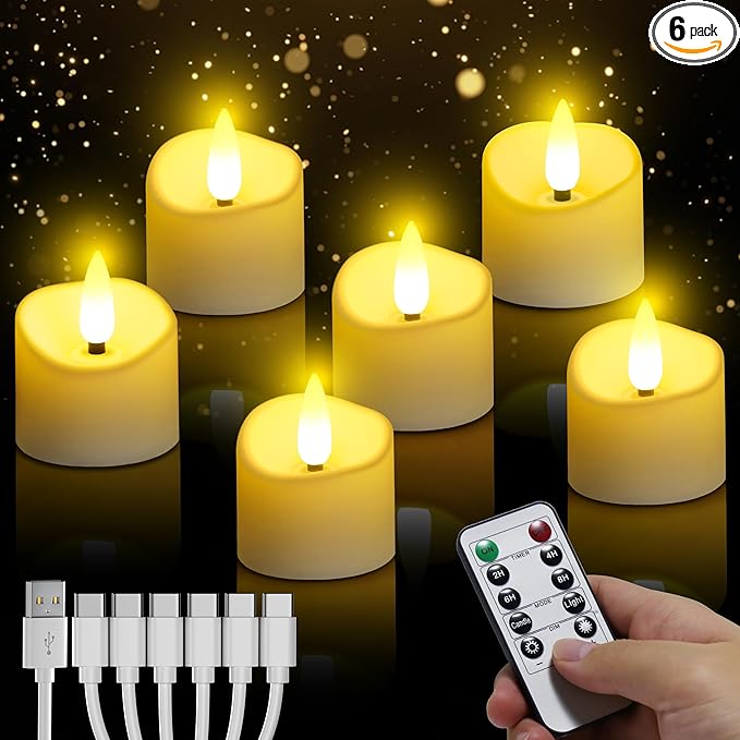 YiaMia Rechargeable Tea Lights with Remote, Flameless LED Candle with 24H Cycle Timer, Battery Operated Tea Lights for Votive, Weddings, Parties, Halloween, Christmas, Home Decoration (6)