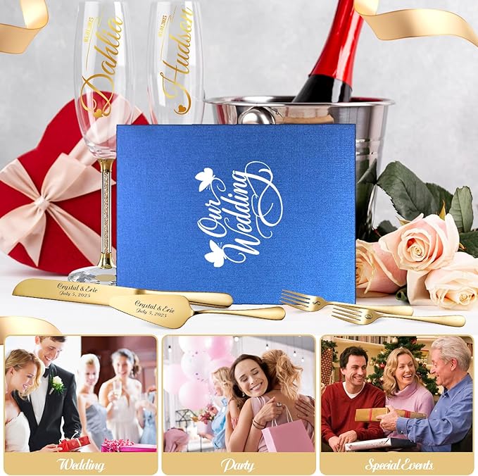 HJX Personalized Wedding Cake Knife and Server Set with Champagne Flutes, Custom Name Text Toasting Glasses for Bride and Groom, Cake Cutting Set Ideal Wedding Engagement Bridal Shower Gift