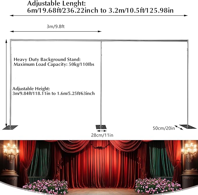 20ft x 10ft Adjustable Telescopic Heavy Duty Portable Pipe and Drape Backdrop Stand Photography Background Party Event Wedding Decoration Exhibition Trade Show Photo Studio Support Equipment