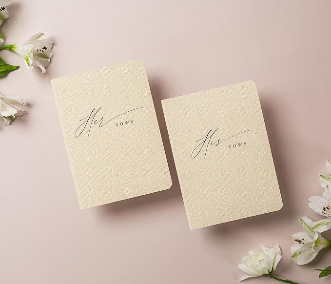 Slim Vow Books (Set of 2 - Design 5) - Soft Cream Canvas Linen Textured Cover Wedding Vow Booklets, Ceremony Speech Promise Notebook Journal, Gift for Newly Engaged Couple, 48 Lined Pages, 5.75" x 4"