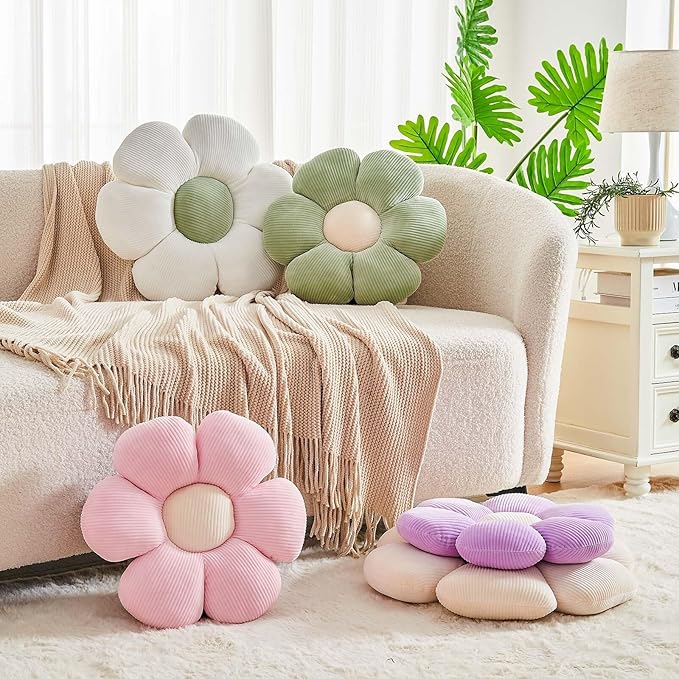 White Flower Pillow, 17.7" Cute Flower Shaped Floor Pillow, Aesthetic Floral Plush Daisy Decorative Throw Pillows for Bed Sofa Couch