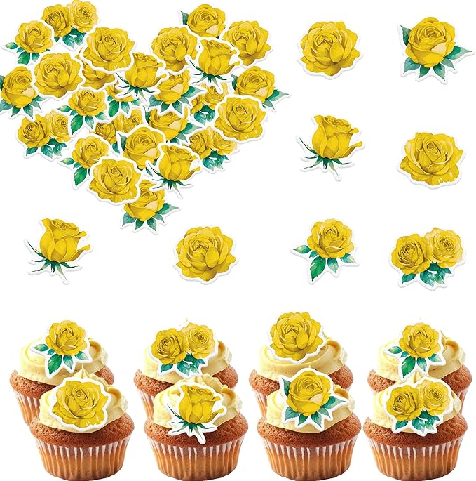48PCS Edible Rose Flower Cupcake Toppers Wafer Paper Roses Decorations Flower Birthday Party Decorations Rose Cake Toppers for Wedding Engagement Birthday Party Cake Decor Supplies (Yellow)