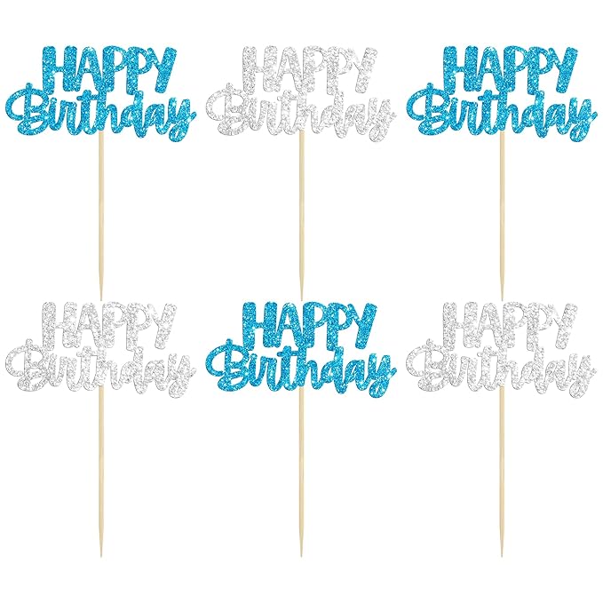 Gyufise 24Pcs Happy Birthday Cupcake Toppers Glitter Birthday Cupcake Food Picks for Celebrating Winter Wonderland Theme Party Cake Decorations Supplies Blue Silver