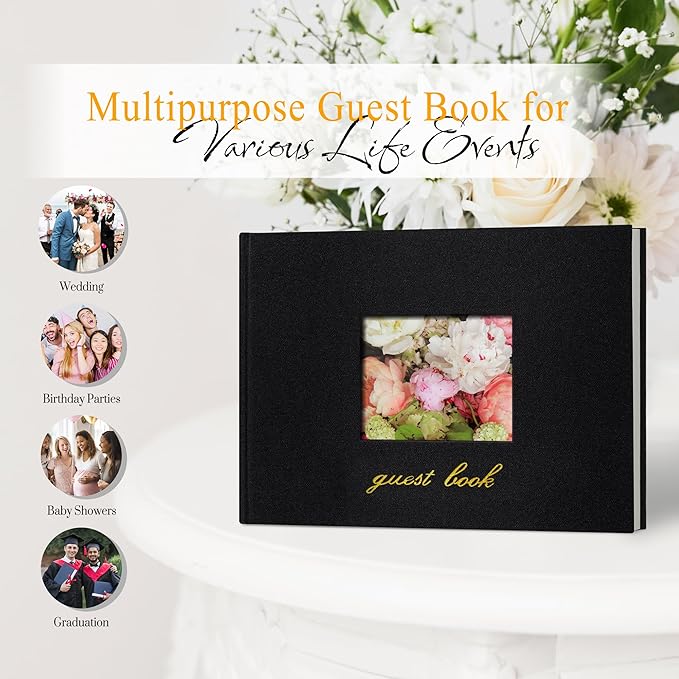 SUNEE Wedding Guest Book - Polaroid Guest Book Weddings Reception, Linen Cover 7" x 9" Guest Book for Baby Shower, Birthdays and Special Events, 100 Blank Pages for Wedding Sign in and Photos, Black