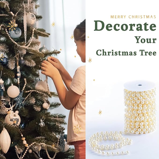 XINHUIDALSQ Craft String of Pearls 10 MM Faux Pearl Beaded, 33 Feet Ivory Garland Bead String for Christmas Tree Decorations, Wedding Party Decoration(Ivory, 10mm/10M)