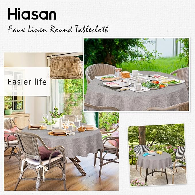 Hiasan Round Linen Tablecloth 108 Inch - Wrinkle and Stain Resistant Washable Polyester Fabric Table Cloth for Dining Room Kitchen Party, Stone