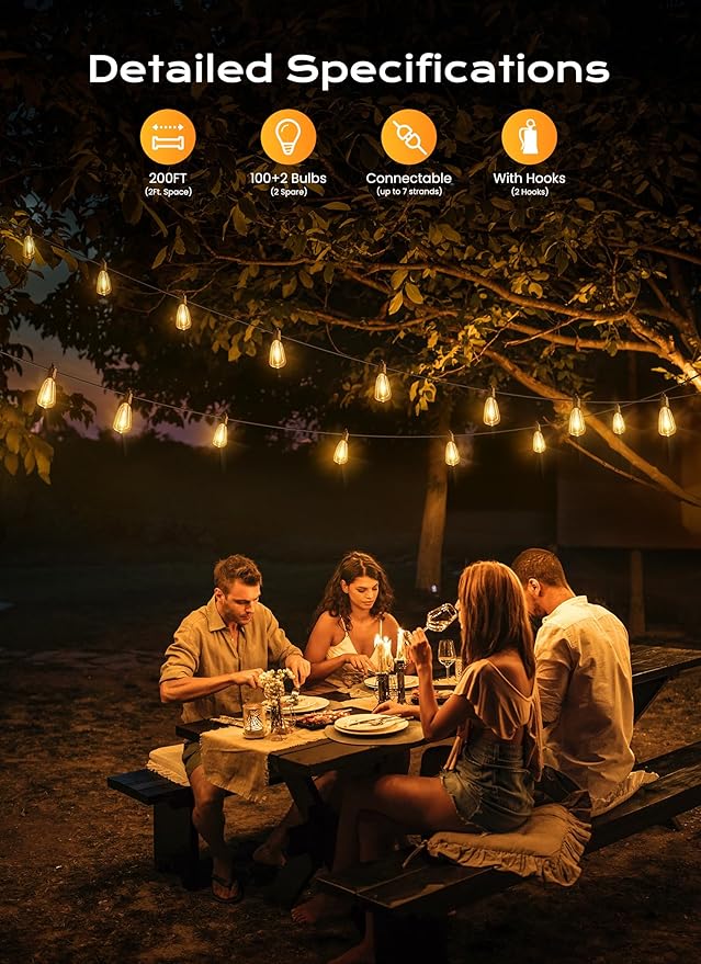 Brightown Outdoor String Lights, 200FT 100+2 LED ST38 LED Patio Lights Shatterproof, Dimmable IP65 Waterproof Connectable Hanging Outdoor Light for Backyard, Porch, Deck, Balcony