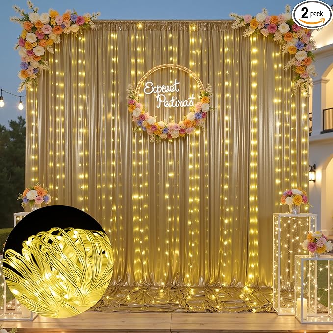 10x10 Champagne Sequin Backdrop Curtain with Lights-Wrinkle Free Thick Glitter Backdrop Drapes for Wedding Parties Events Halloween Decor-2 Panels 5×10ft Shimmer Photo Booth Background for Photography