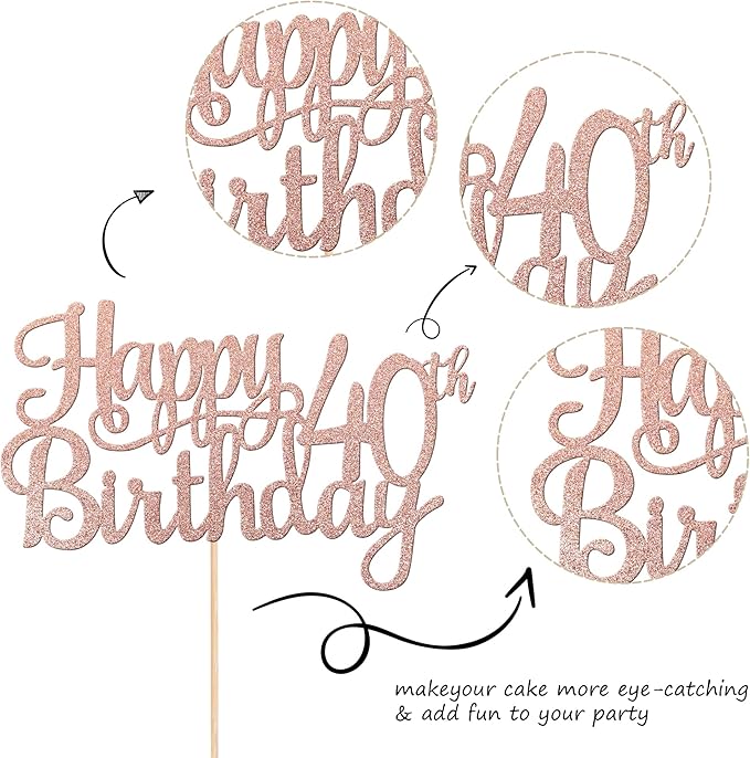 1 PCS Happy 40th Birthday Cake Topper Glitter Cheers to 40 Years Birthday Cake Pick 40 Fabulous Cake Decoration for Happy 40th Birthday Anniversary Party Decorations Supplies Rose Gold