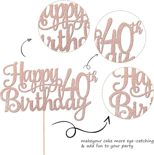 1 PCS Happy 40th Birthday Cake Topper Glitter Cheers to 40 Years Birthday Cake Pick 40 Fabulous Cake Decoration for Happy 40th Birthday Anniversary Party Decorations Supplies Rose Gold