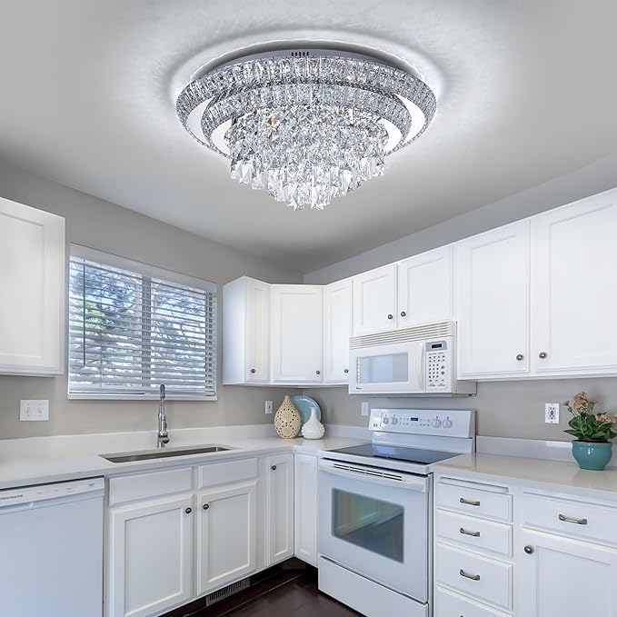 24 inch Crystal Silver Ceiling-Light Flush Mount with Remote Control and APP, 3CCT Dimmable & Brightness Adjustable, Modern Crystal Raindrop Chandeliers for Bedroom Hallway Dinning Room Living Room