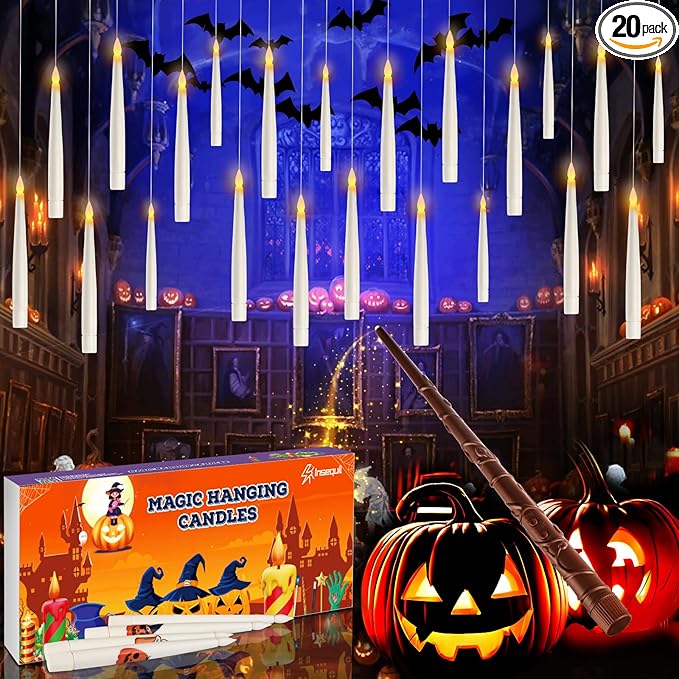 Floating Candles with Wand Remote, 20 Pcs Magic Halloween Hanging Candles, Flickering Warmer Light Flameless LED Candles with DIY Sticker, Battery Operated Halloween Decorations Gifts Indoor (20)