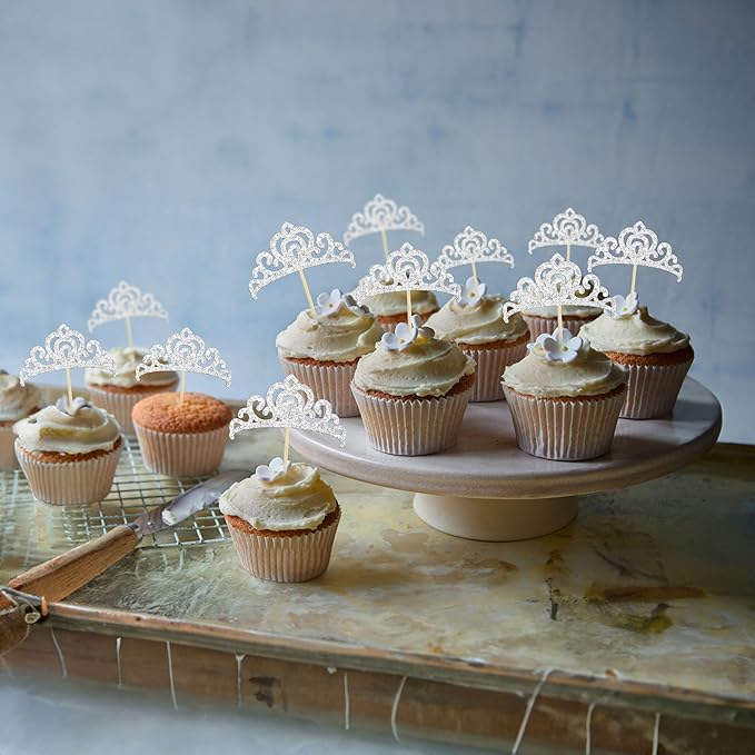 Gyufise 24Pcs Silver Princess Crown Cupcake Toppers Glitter Princess Cake Pick Decorations for Wedding Girl Birthday Baby Shower Party Decorations