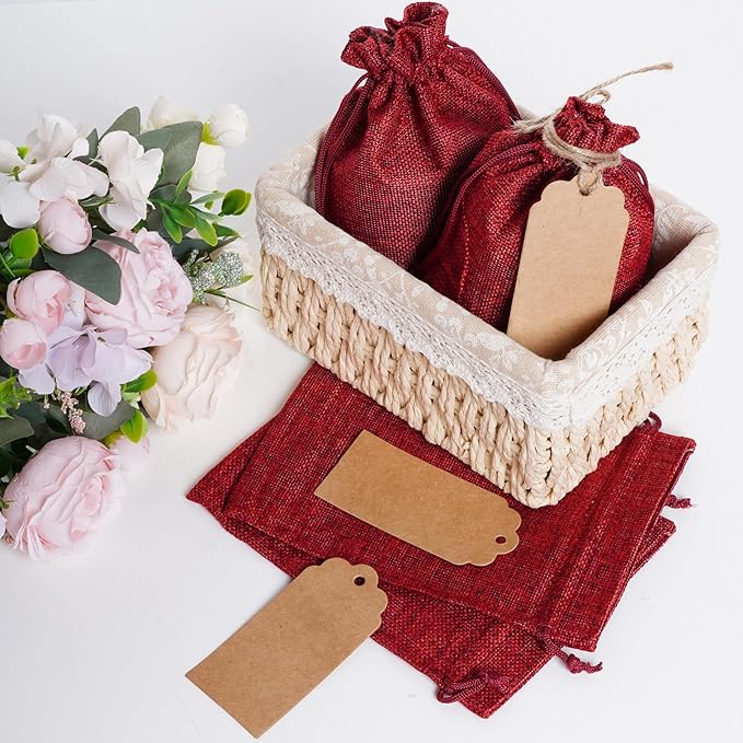 Yymobt 25PCS Burlap Bags with Drawstring, Reusable Burlap Favor Bag 5x7’’ Small Party Sacks for DIY Craft, Party, Christmas, Wedding, Festival Presents Bulk Bags（Red）