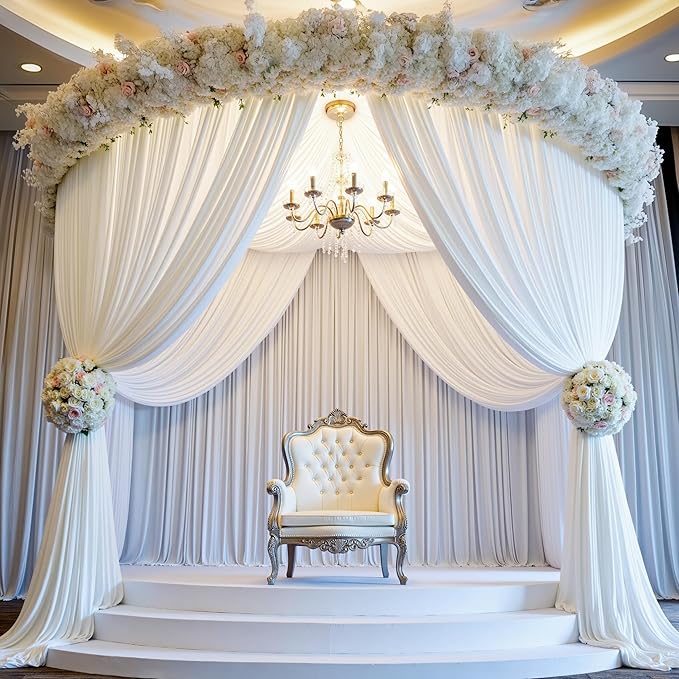 PartyVillage 40ft×15ft White Backdrop Curtain for Wedding Parties, 8 Panels Wrinkle Free 15 FT Long Polyester Photo Backdrop Drapes Back Drop Cloth for Birthday Photography Background