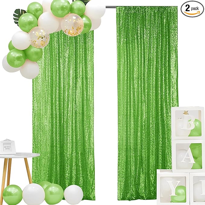 Hahuho Light Green Sequin Backdrop Curtain, 2PCS 2FTx8FT Glitter Backdrop Curtain for Parties, Christmas, Wedding, Banquet Decoration（2 Panels, 2FT x 8FT, Light Green）