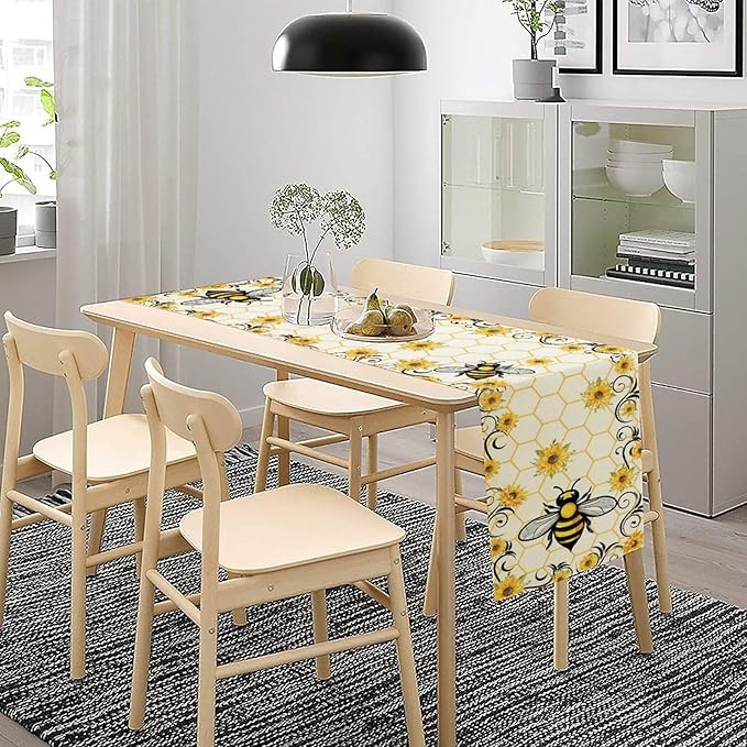Bee Sunflower Table Runner, Farmhouse Orange Honeycomb Vintage Spring Summer Flowers Print Table Cover for Party Wedding Home Kitchen Dining Table Decor, 13x108inch