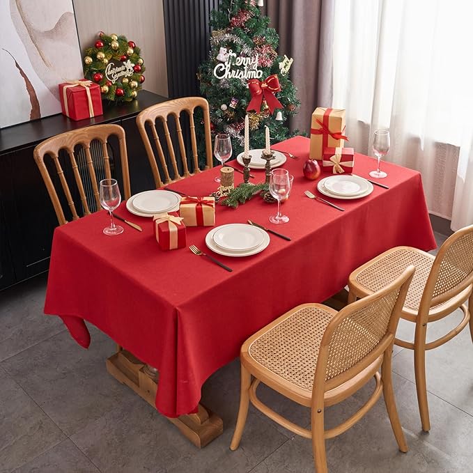 NLMUVW Red Linen Tablecloth Rectangle, Christmas Table Cloth Water Resistant Textured Table Cover for Kitchen Dining Coffee Party, 54 x 96 Inch