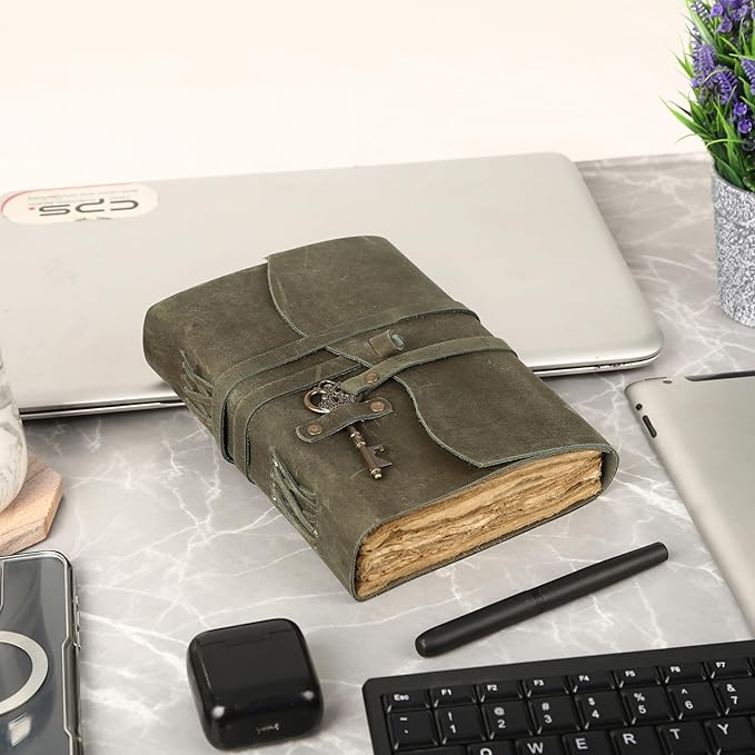Leather Journal with Lined and Unlined Deckle Edge Paper 8x6 inch and Vintage Key | Handmade Writing Notebook Diary | Bound Daily Notepad for Men & Women Medium, Sketch/Writing pad for Artists