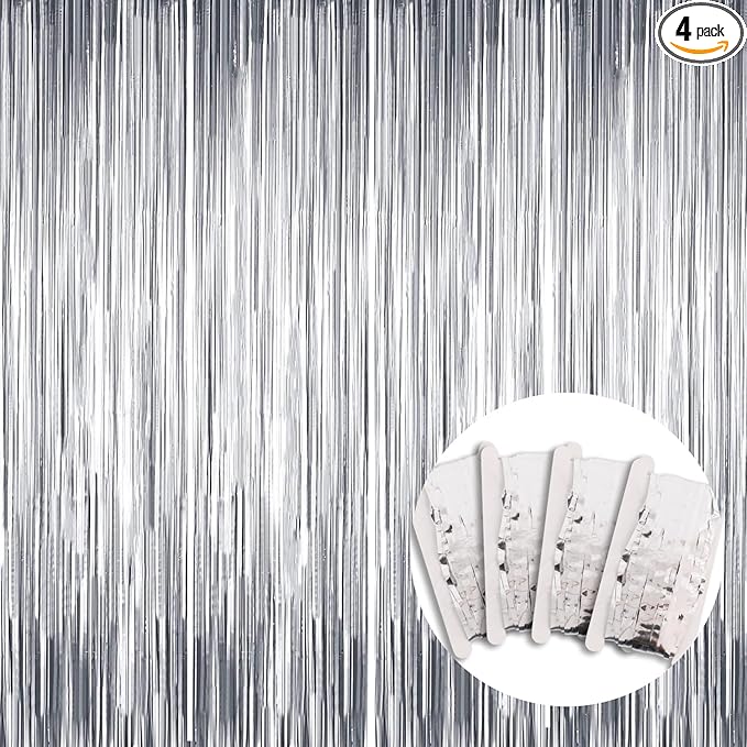 BEISHIDA 4 Pcs Silver Door Streamers Tinsel Curtain Party Streamers Backdrop Fringe Foil Wall Background for Birthday Halloween Christmas Wedding Party Decoration(3.28 ft x 6.56 ft)