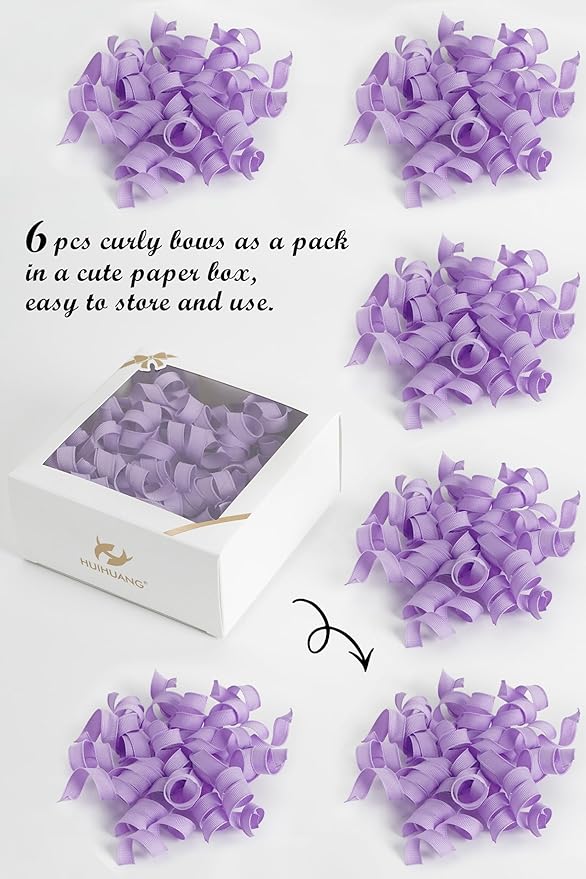 HUIHUANG Purple Bows for Gift Wrapping, Lavender Curly Ribbon Bows Self Adhesive Burst Gift Bow for Presents, Wine Bottle, Treat Bags, Wrap Accessories, Bridal Shower Wedding Party Favor - 6 Counts
