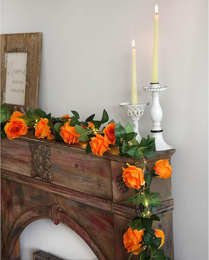 FiveSeasonStuff 29 Ft 4 Pack Mandarin Orange Rose Silk Flower Garland Artificial Flowers Decoration Hanging Floral with 66 feet String Lights