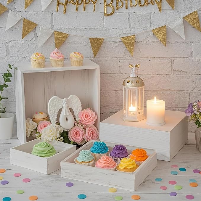 4 Pcs Buffet Risers, Wood Food Riser Dessert Display Stand for Party Wood Cupcake Stands Nesting Box for Display (Vinatge)