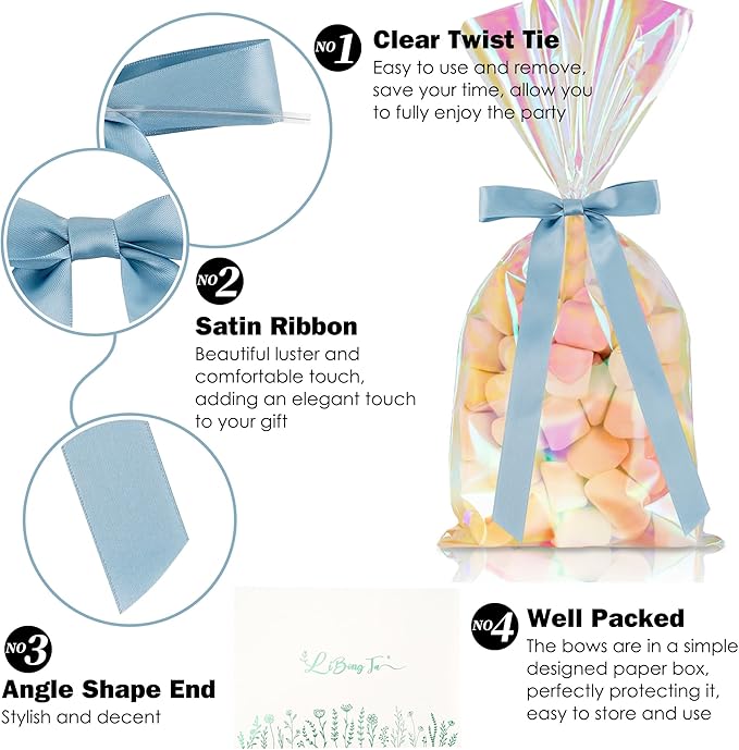 50 PCs Dusty Blue Bow Decor 5.5'' Satin Bows with Long Tail, Twist Tie Bows for Craft, Packaging Ribbon Bows, Premade Bows for Cake Decorating, Gift Bows for Treat, Wedding Favor, Party