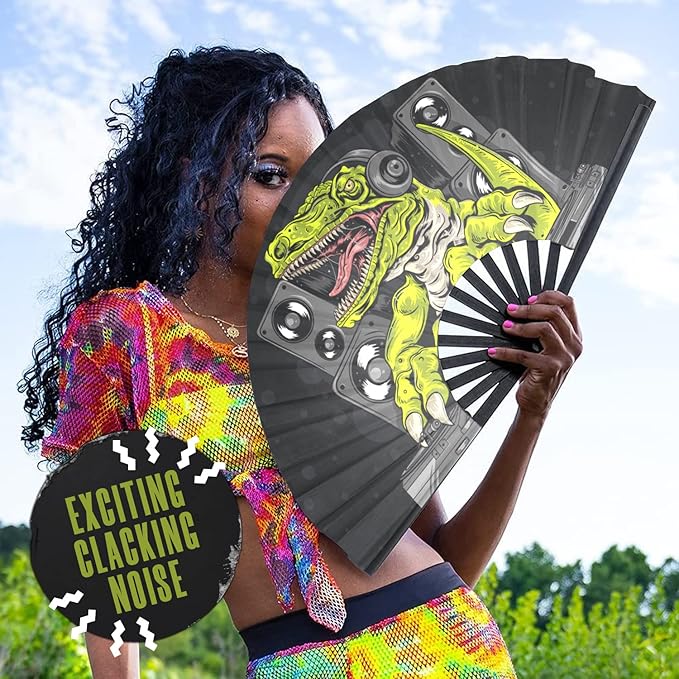 GloFX Folding Fan - DJ Dino - Large Rave Clack Folding Hand Fan for Men/Women - for EDM, Music Festival, Club, Event, Party, Dance, Performance, Decoration, Gift