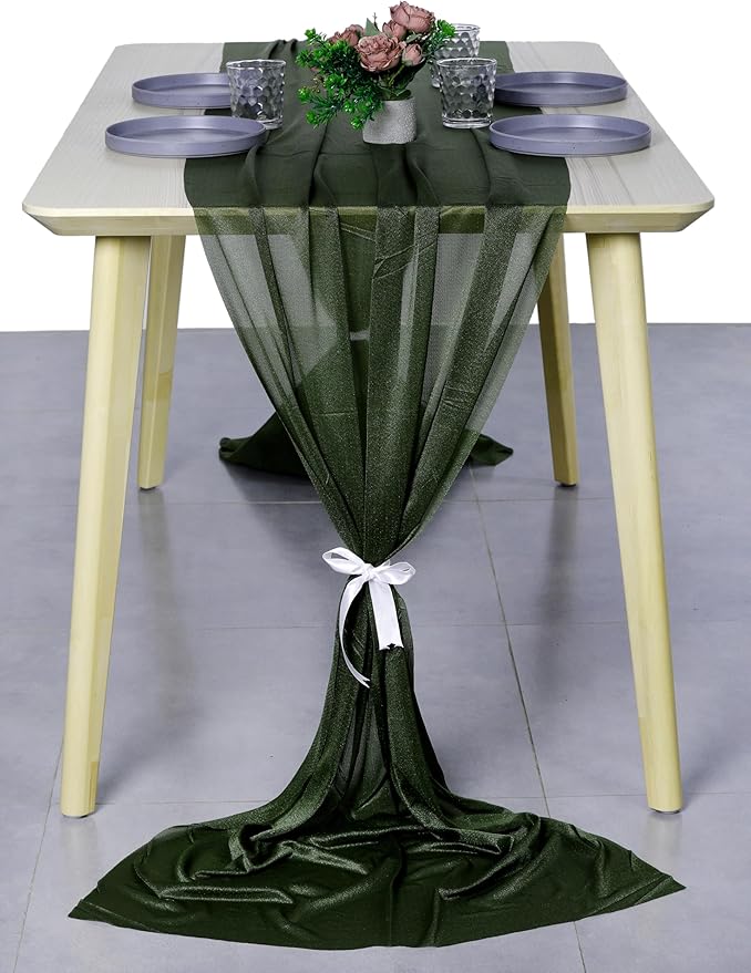 MDS Halloween Chiffon Table Runner - 12 Pack, 29 x 170 Inches, 14ft Each - Sheer Spooky Table Runners for Haunted House Parties, Trick-or-Treat Tables, Witchy Décor, Wedding & Events - Olive Green