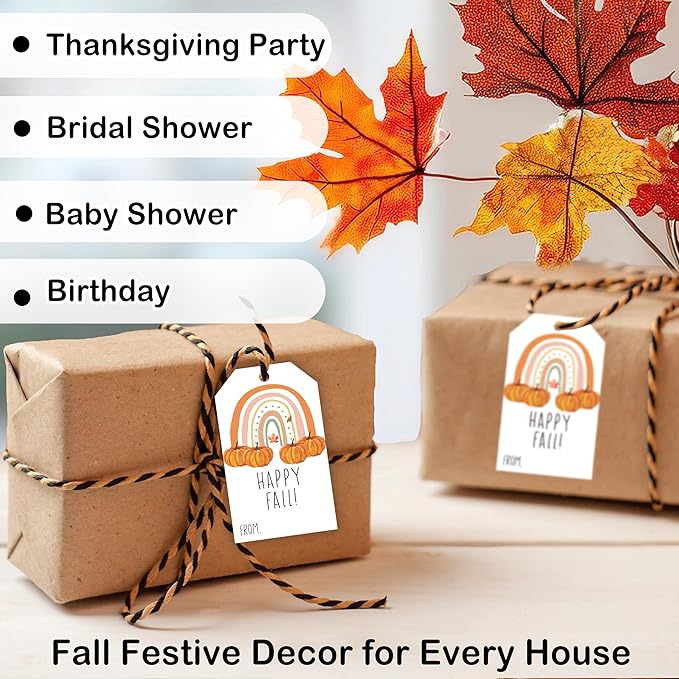 50 Pcs Fall Gift Tags, 2.1"×3.5" Autumn Bohemian Rainbow Thank You Gift Tags for Party Favors, Pumpkin Thanksgiving Gifts Tags for Party Favor - B11
