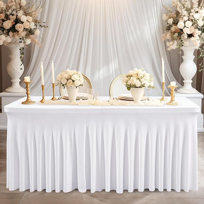 Wish Care 6 Pack White Spandex Table Clothes for 4 Foot Rectangle Tables, 4FT Wrinkle Free Fitted Tablecloths Ruffles Design Table Cover for Party, Banquet, Wedding and Events