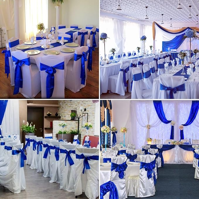 100 PCS Satin Chair Sashes Decorative Bow Satin Chair Sashes Ties Back Ribbon Bows Chair Cover Band for Wedding Party Ceremony Reception Events Banquet Restaurant Kitchen Decor(7X108inch,Royal Blue)