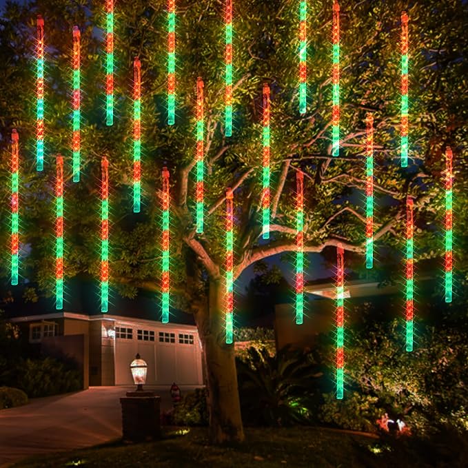 Dazzle Bright Red and Green Christmas Lights, 288 LED 11.8 Inch Meteor Shower Rain Lights with 8 Tubes, Waterproof Plug in Falling Rain Light Christmas Decorations for Xmas Bushes Tree Yard Party