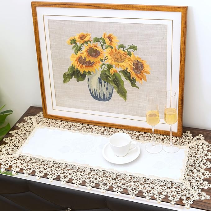 Beige lace Premium Rectangle Farmhouse Tablerunner Waterproof OilProof SpillProof AntiShrink Soft Wrinkle Resistant Decorative Fabric Table Cover Kitchen Dinning Party Wedding banque
