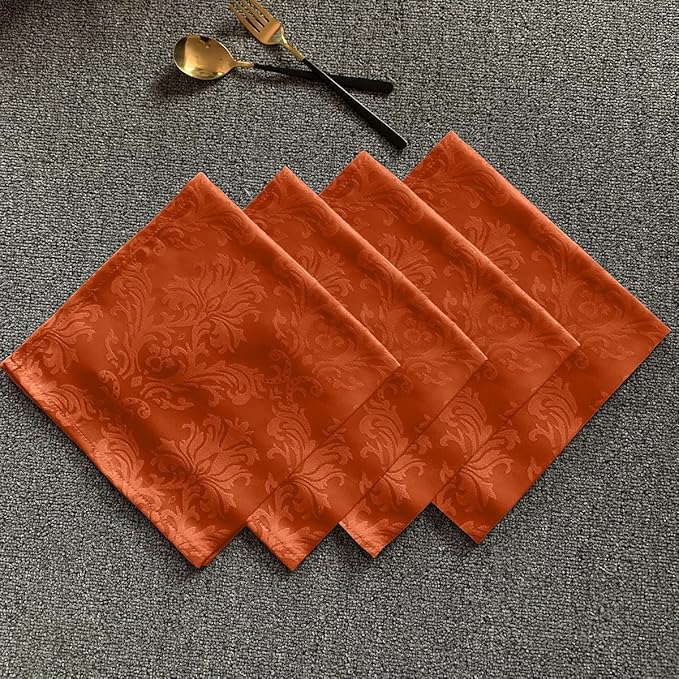 Cloth Napkins 20 x 20 Inch Set of 4, Washable Jacquard Damask Autumn Table Napkins for Fall, Harvest, Thanksgiving, Holiday, Rusty/Orange (4 Pieces/Packs)